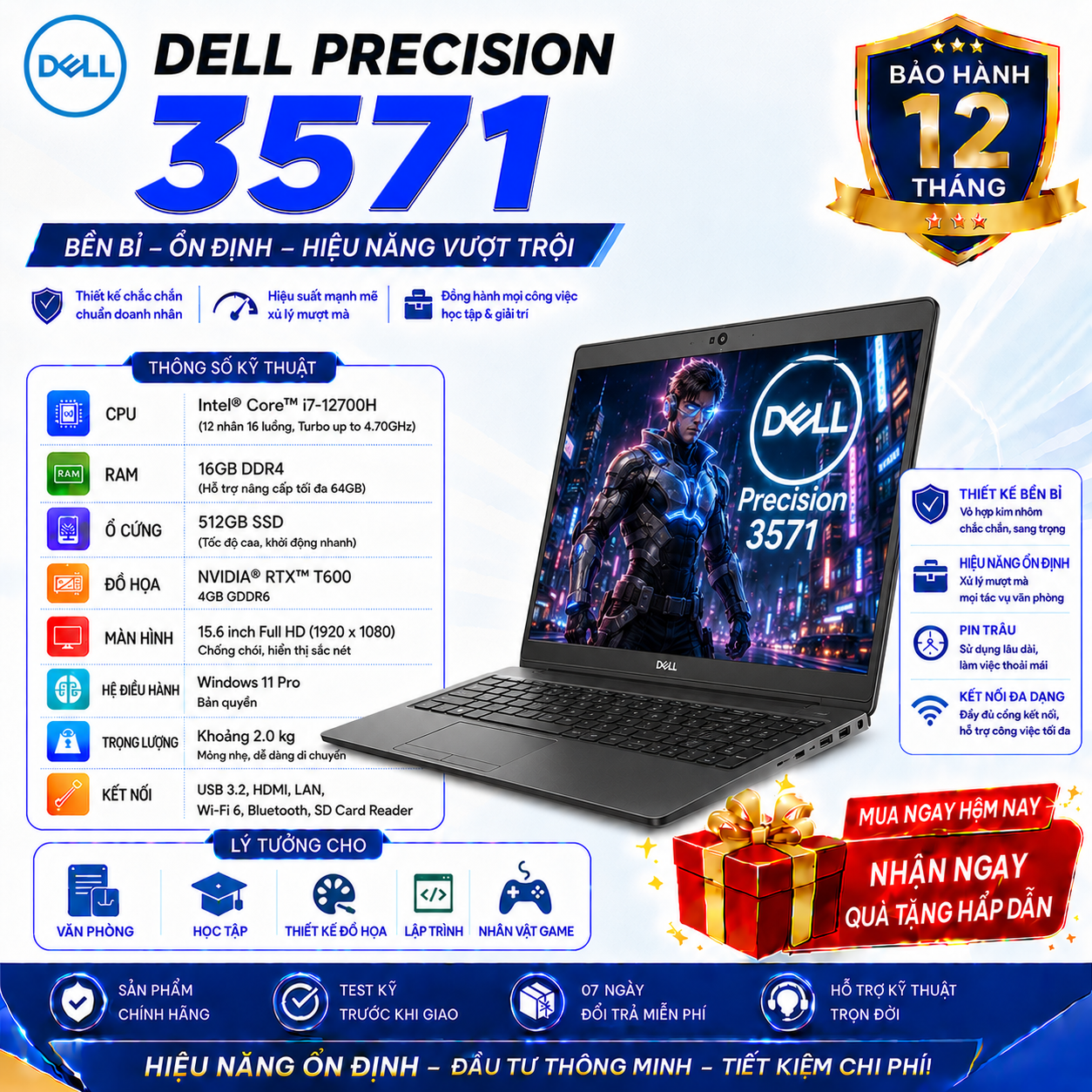 Laptop Dell Precision 3571 Core i7-12700H | 16GB | 512GB | RTX™ T600 | 15.6 inch FHD